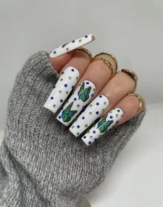 White And Green Butterfly Nails
