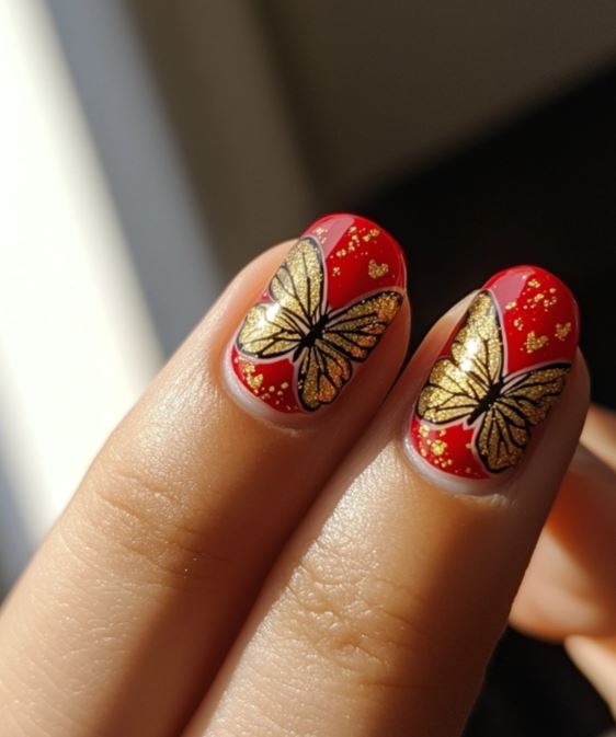 red and gold butterfly nails