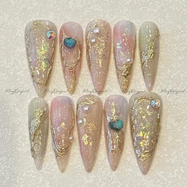 Gold and Pink Holo Geode Nails