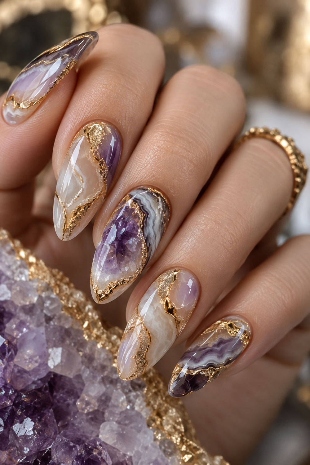Purple And Gold Geode Nails